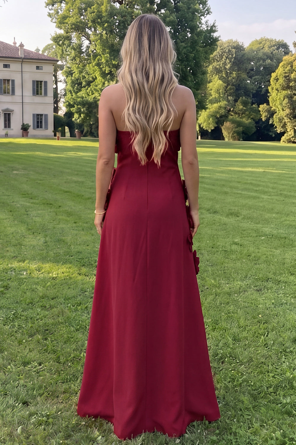 Yellow Strapless A Line Floral Maxi Wedding Guest Dress