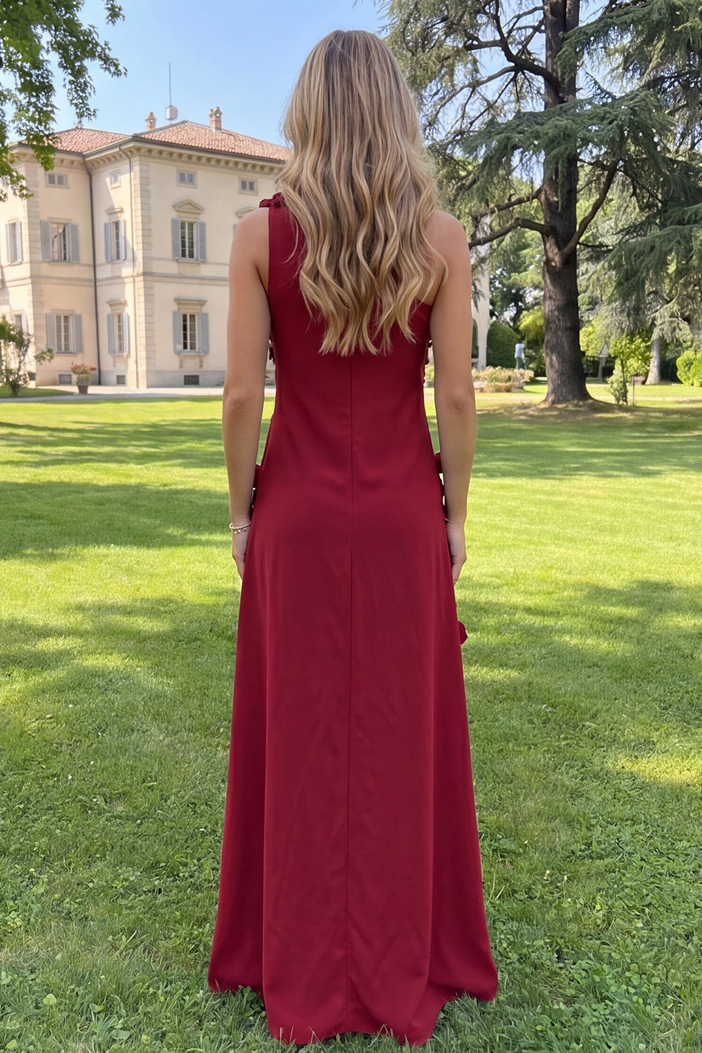 Blue Sheath Floral One Shoulder Maxi Wedding Guest Dress