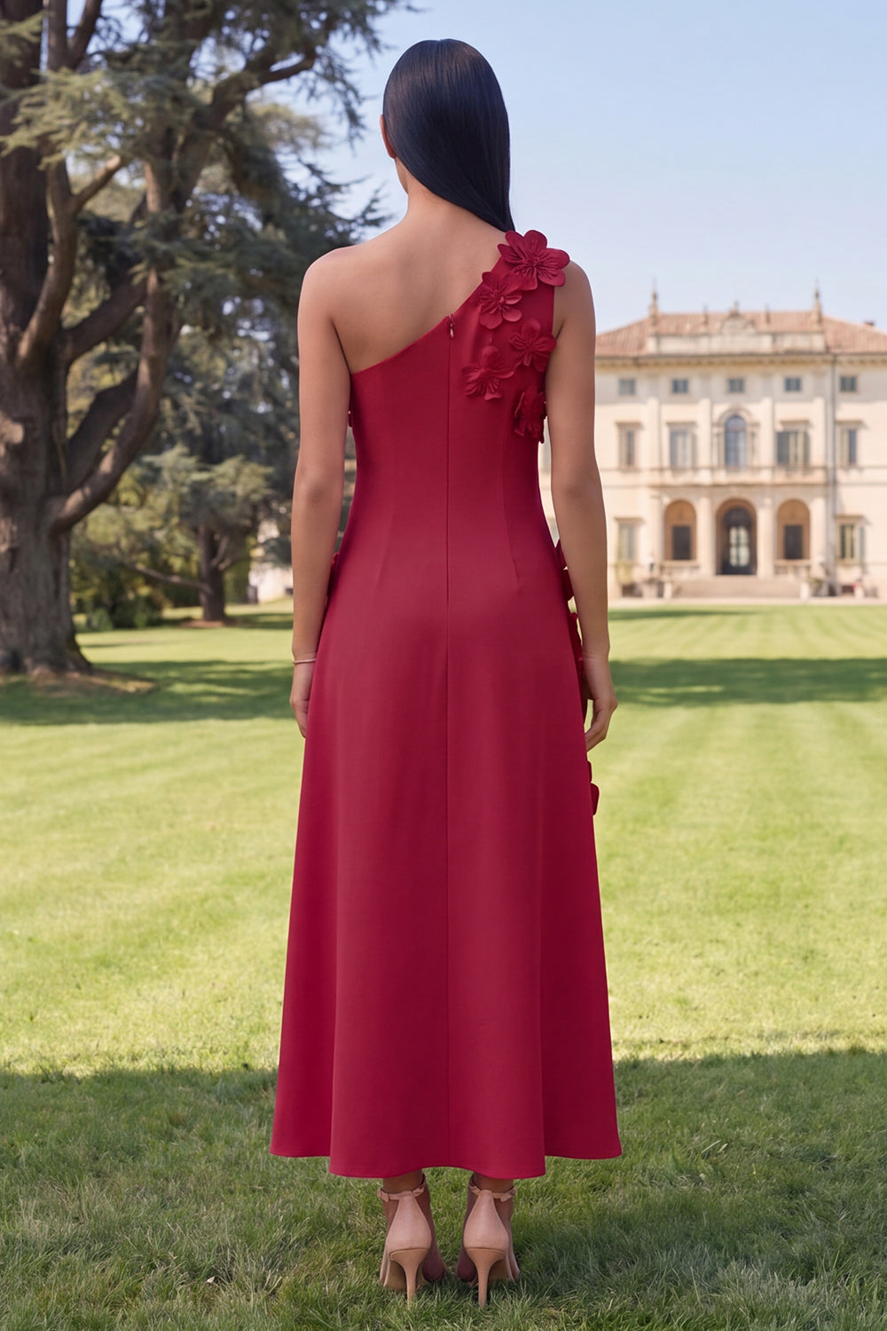 Sage Green One Shoulder A Line Maxi Wedding Guest Dress with 3D Flowers