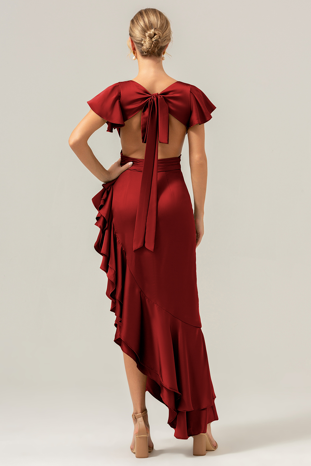 Elegant Asymmetrical Midi Formal Dress with Bow Back