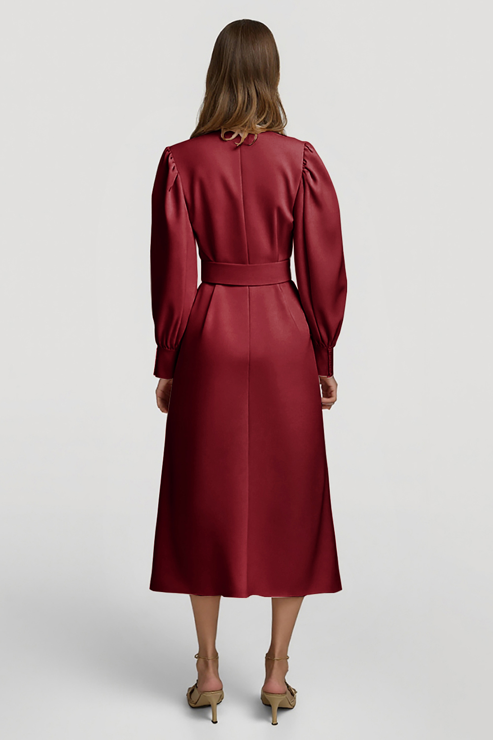 Grey Pink Pencil High Neck Midi Satin Work Dress with Belts