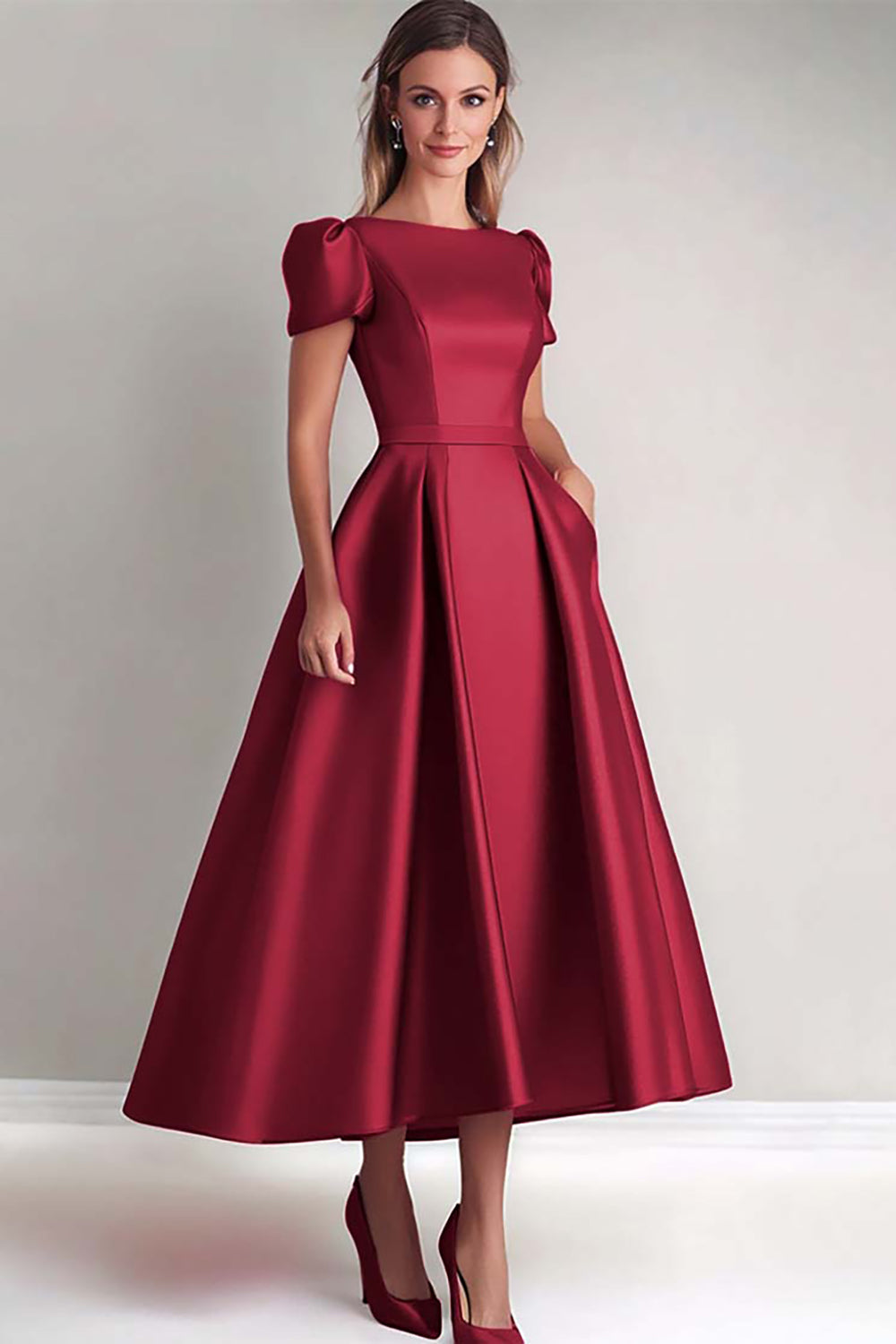 Fuchsia A Line Puff Sleeves Satin Tea Length Mother of the Bride Dress