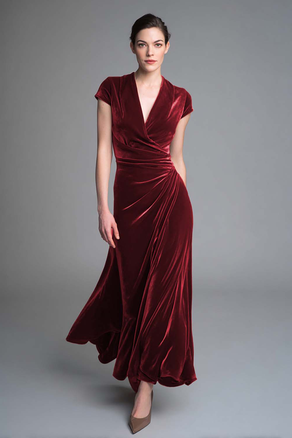 Elegant Caramel Velvet Ruched V Neck Long Holiday Party Dress with Sleeves