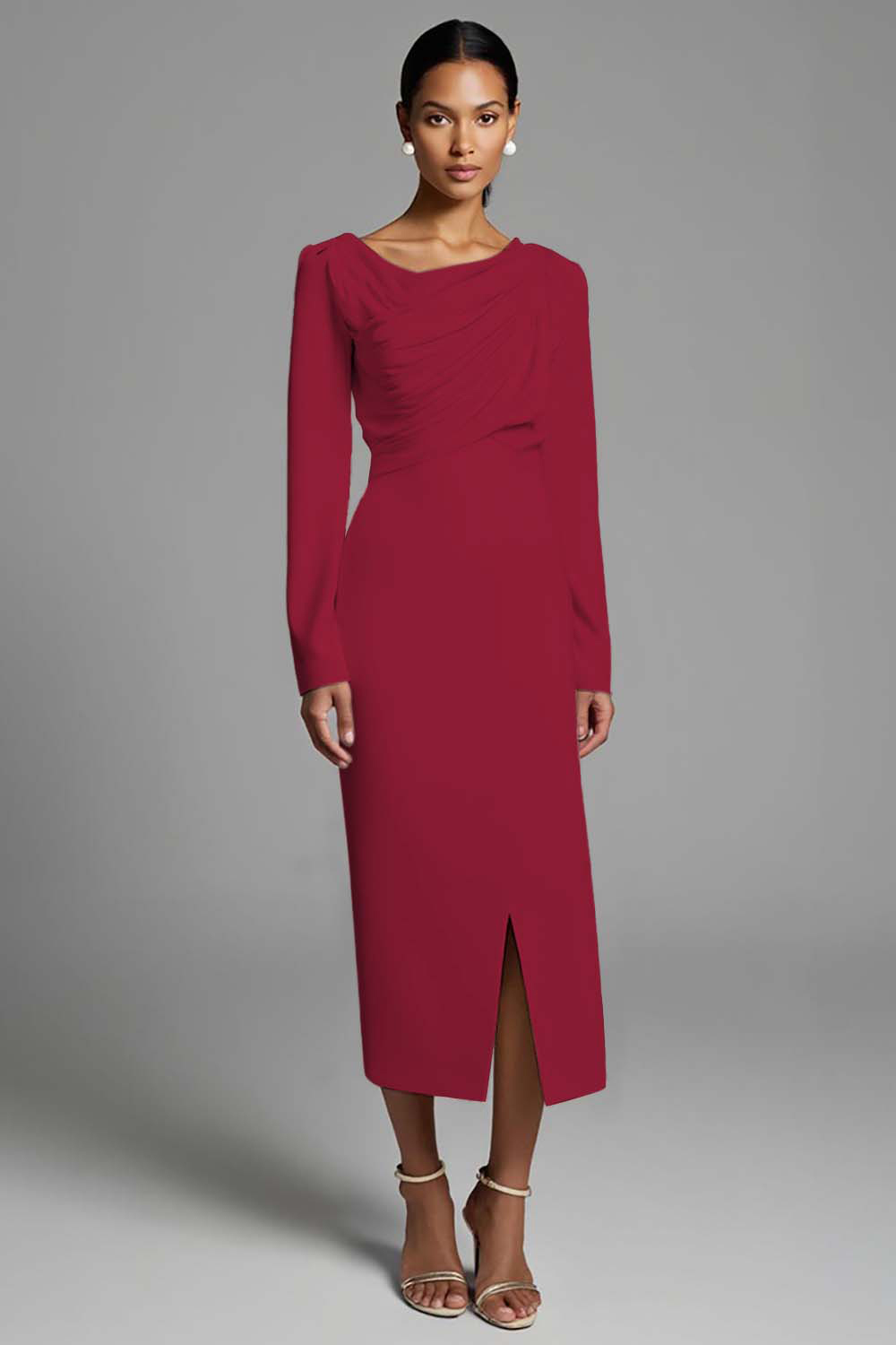 Ivory Ruched Sheath Long Sleeves Work Dress with Slit