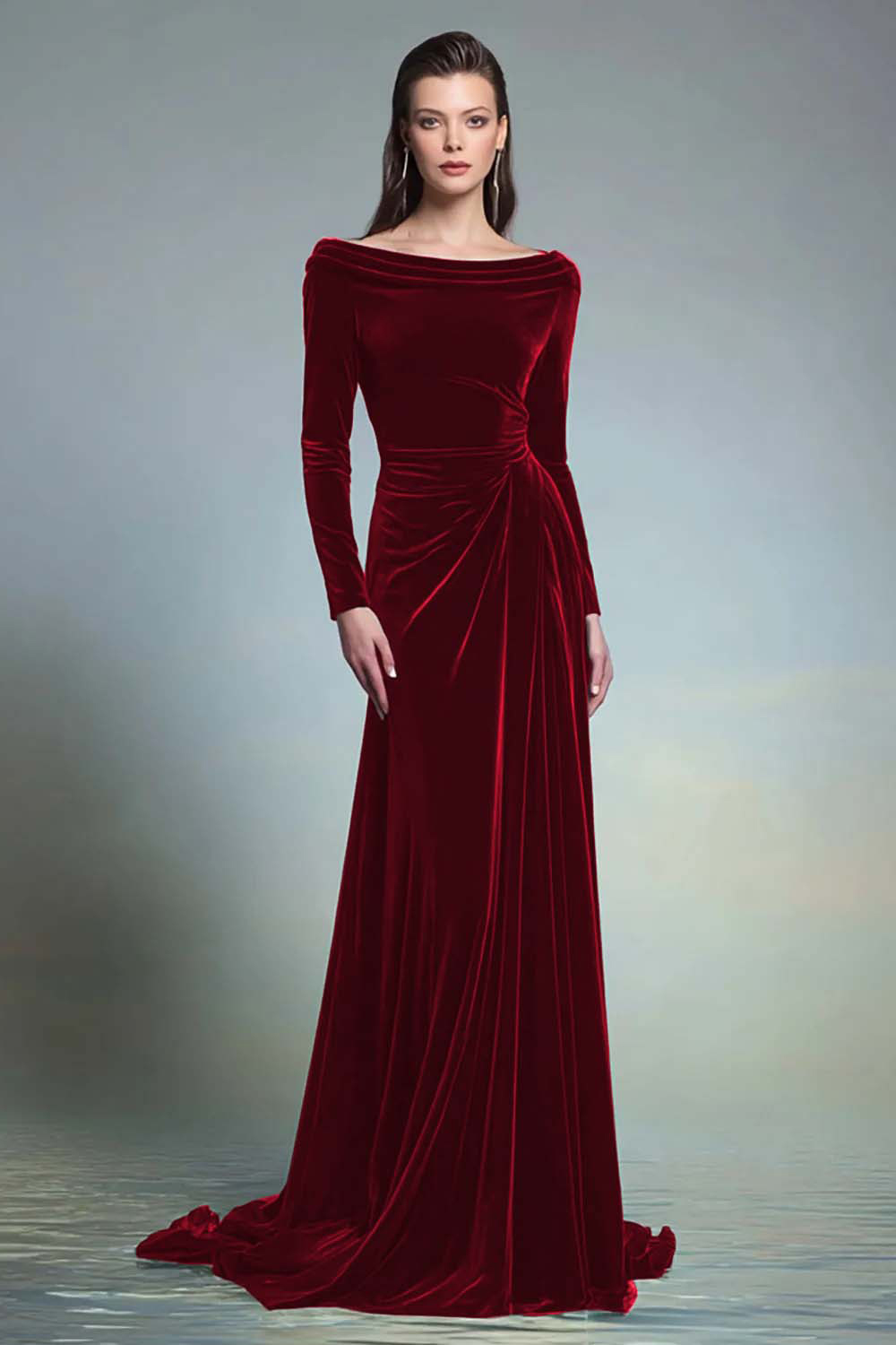 Dark Green Velvet Boat Neck Long Holiday Party Dress with Sleeves