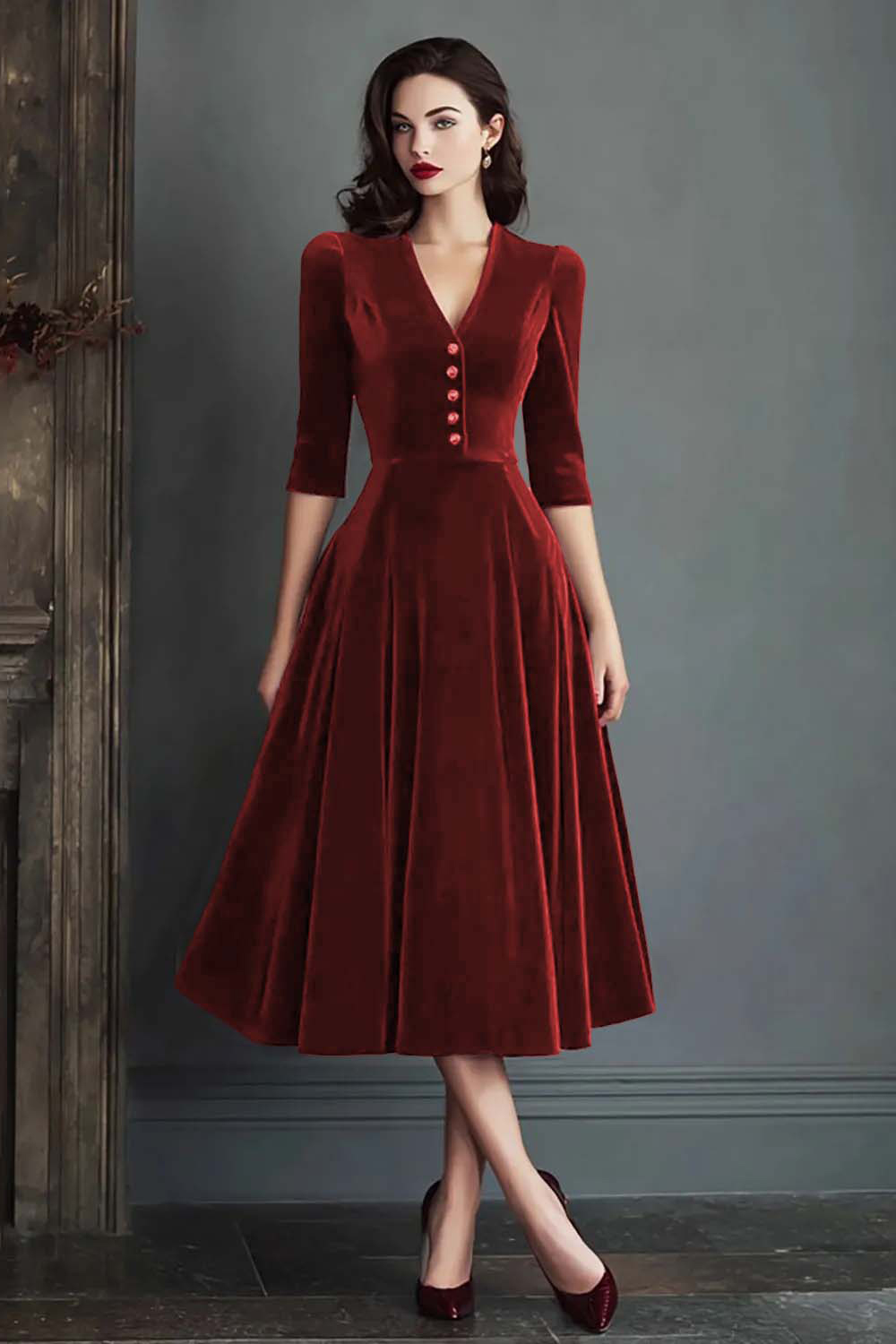 Burgundy Velvet V-Neck A Line Midi Holiday Party Dress