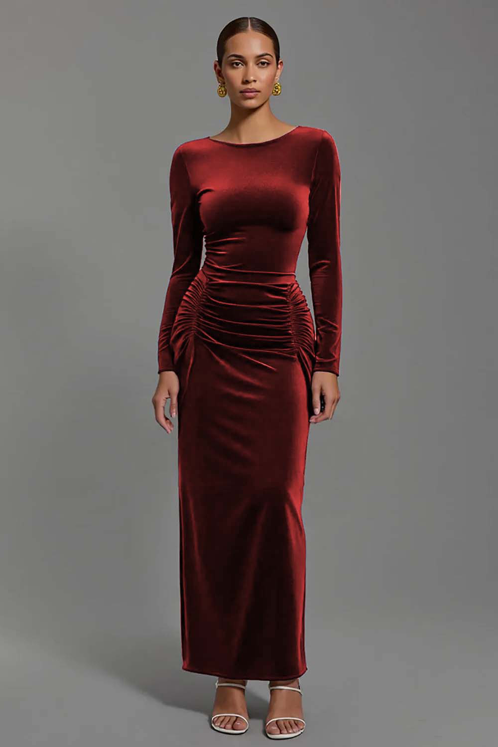 Navy Velvet Sheath Boat Neck Long Holiday Party Dress with Sleeves