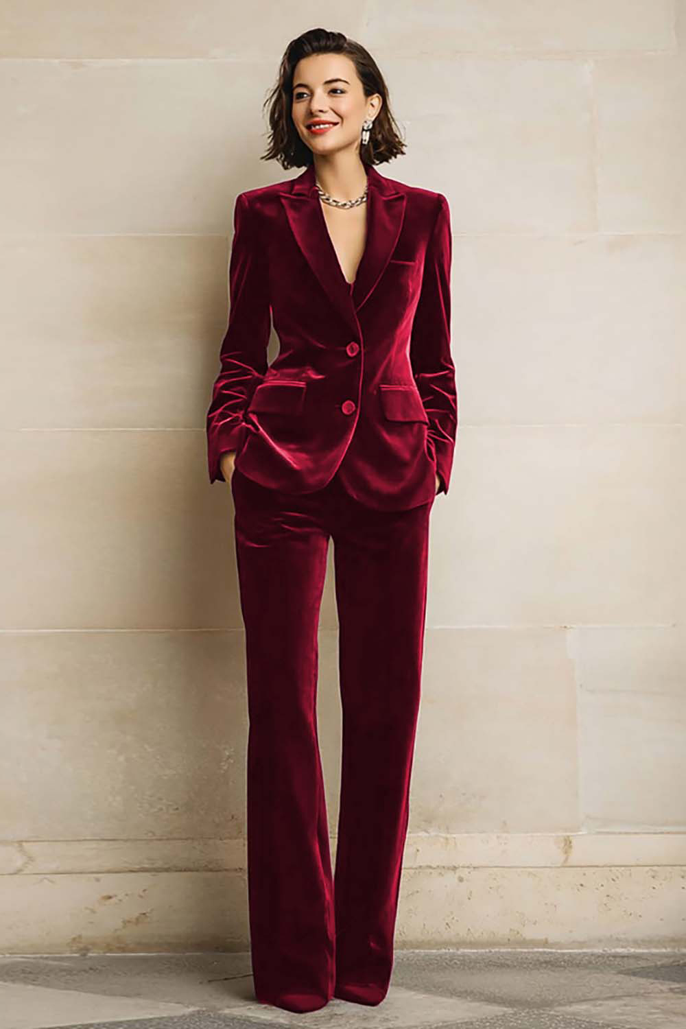 2 Piece Plum Velvet Peak Lapel New Year's Eve Suit Women with Pockets
