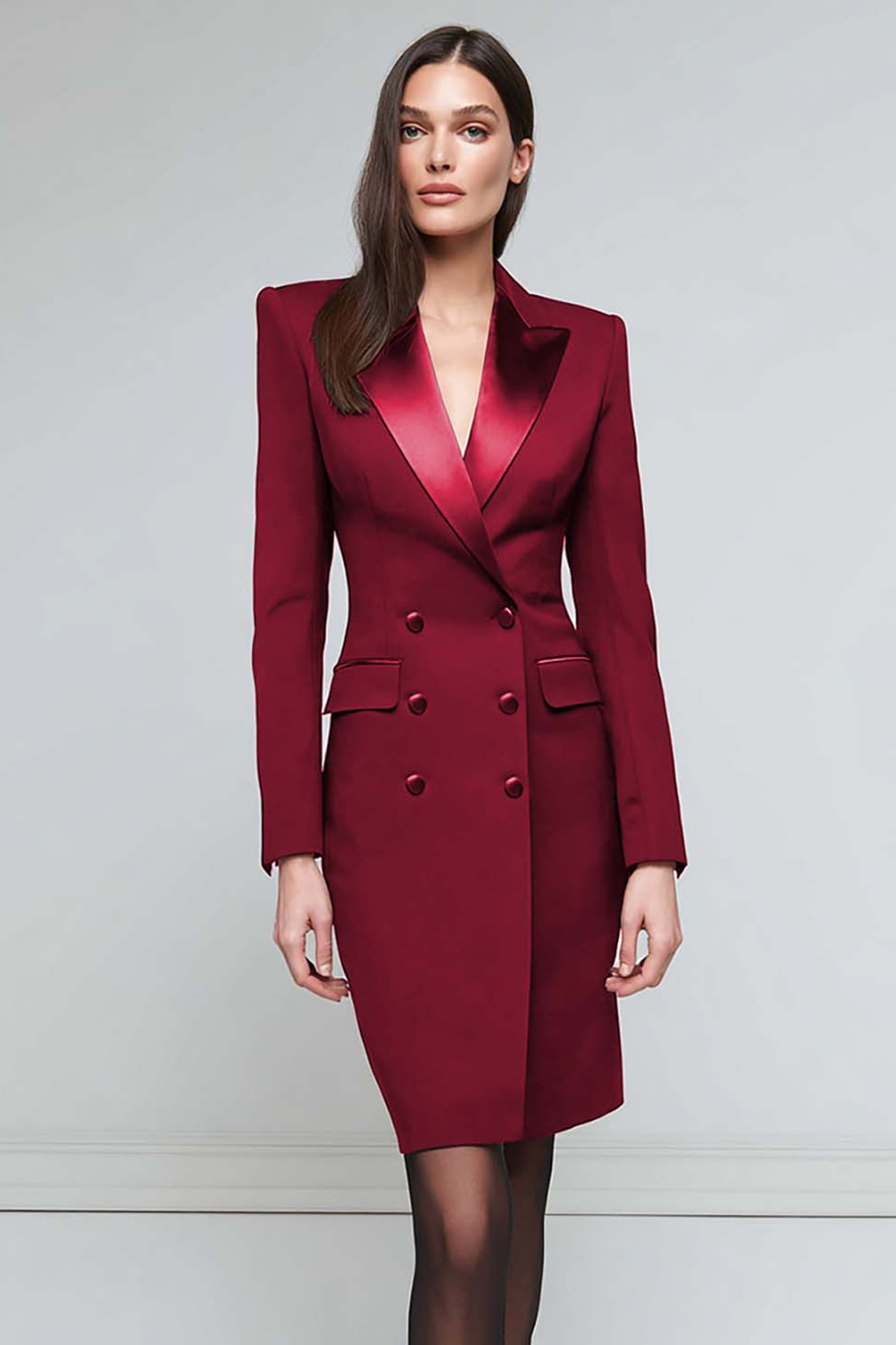 Black Peak Lapel Satin Pencil Short Blazer Dress with Sleeves
