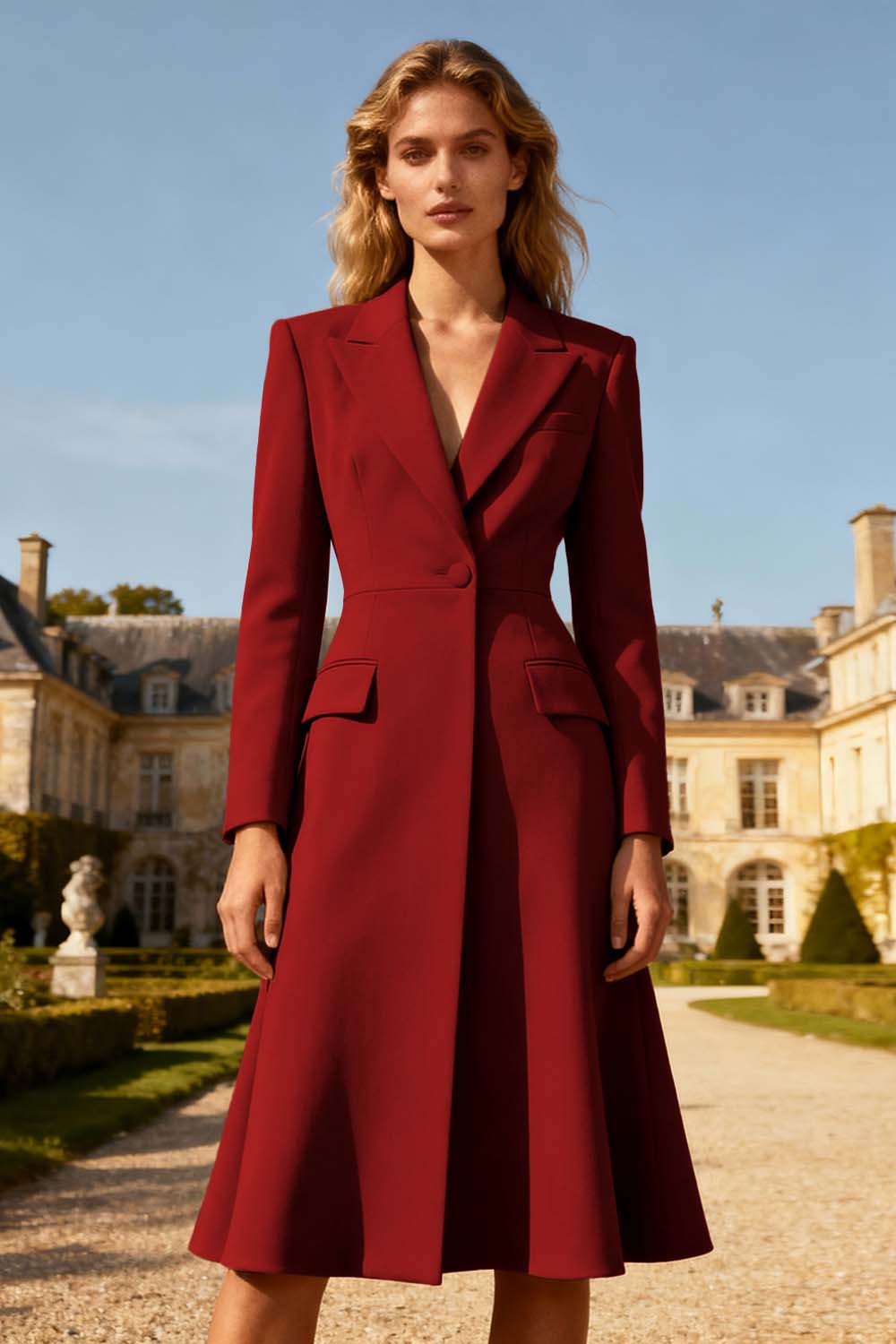 Khaki Peak Lapel A Line Midi Blazer Dress with Sleeves