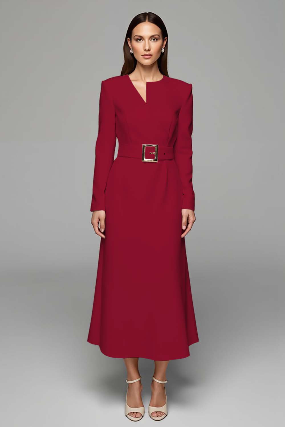 Ivory Asymmetrical Neck Long Sleeves Work Dress with Belt