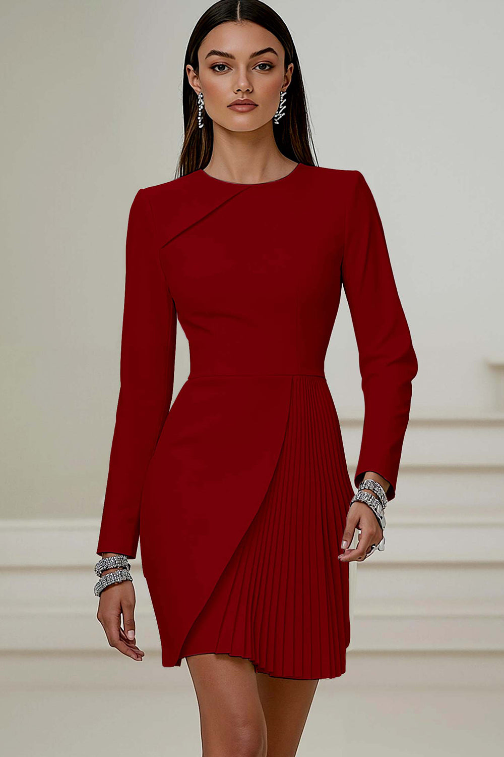 Ivory Pencil Round Neck Pleated Short Work Dress with Sleeves