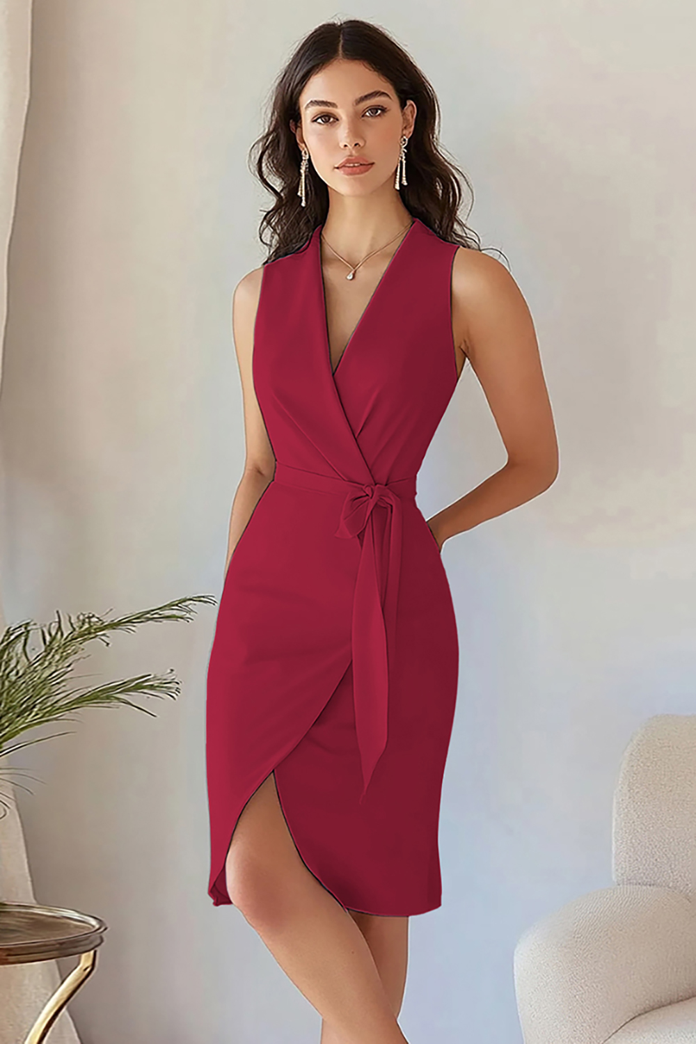 Sky Blue Satin Short Work Blazer Dress with Sash Bodycon V-Neck Sleeveless Cocktail Dress