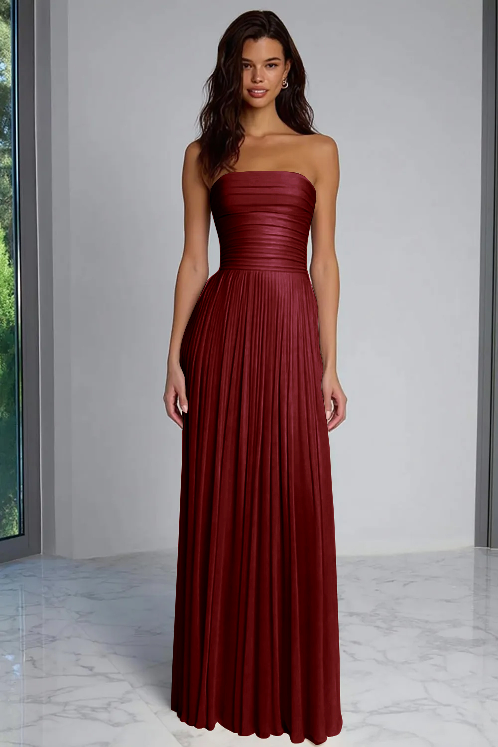 Champagne Sheath Strapless Pleated Long Wedding Guest Dress