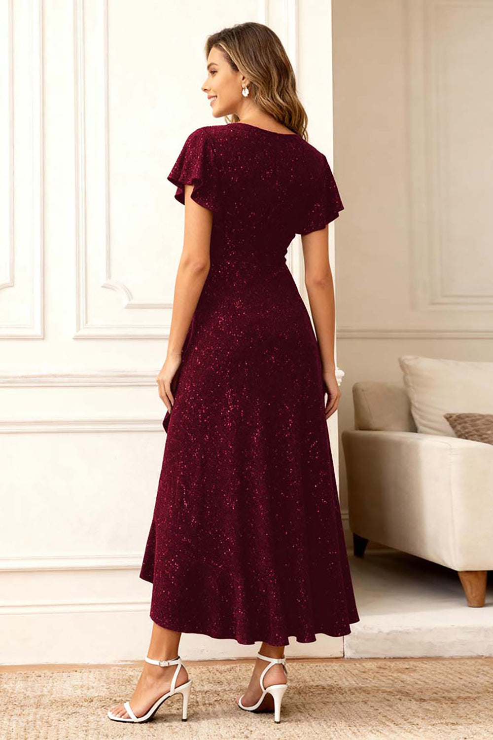 Glitter Dark Navy Round Neck Long Holiday Party Dress with Sleeves