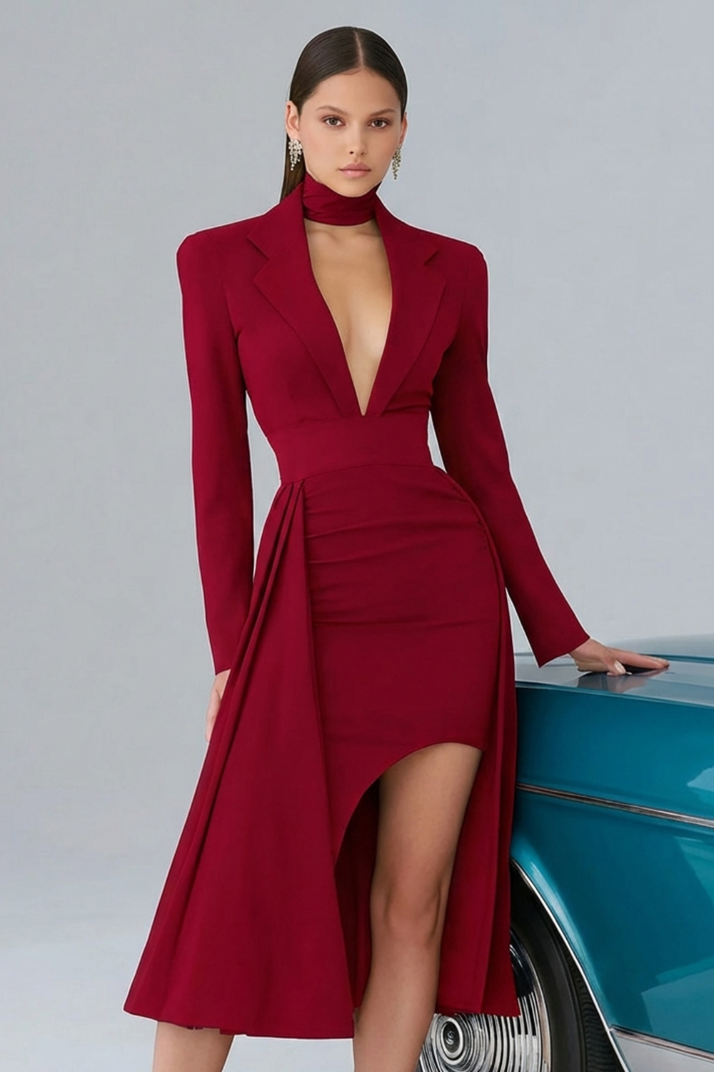 Black A-Line High Neck Midi Cocktail Dress with Sleeves