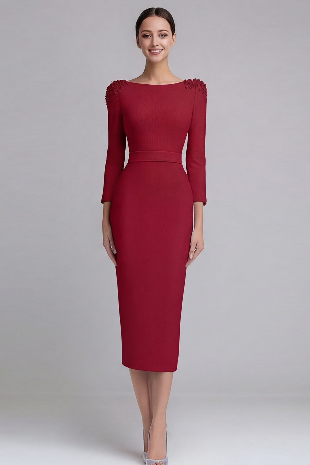 Simple Light Blue Boat Neck Pencil Appliqued Midi Work Dress with Sleeves