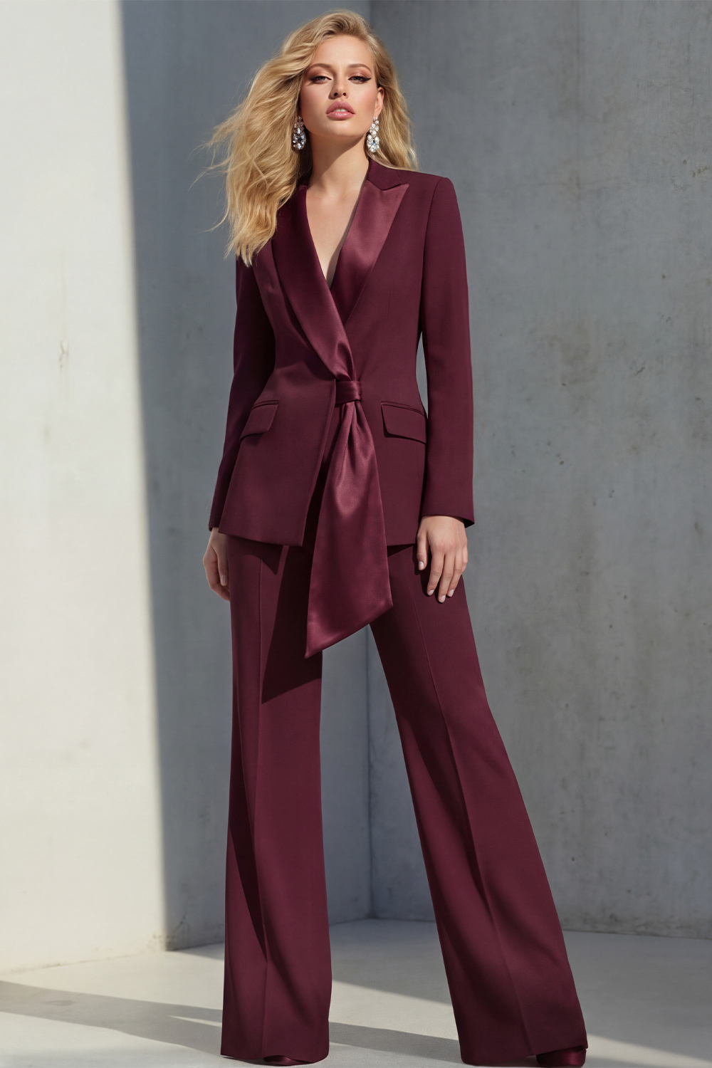 2 Piece Pink Peak Lapel Wide Leg Business Suits with Sash