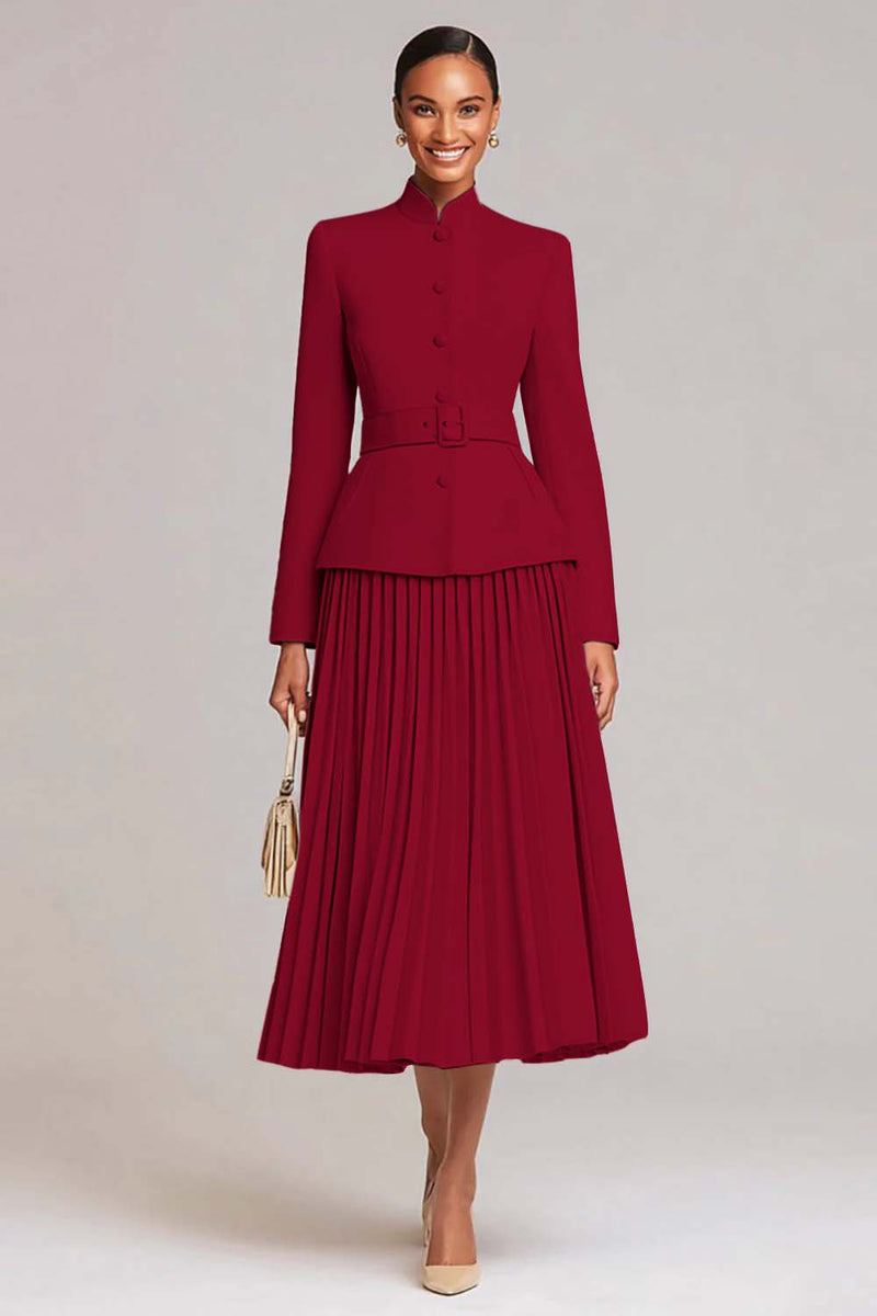 2 Piece Light Pink Pleated High Neck Business Suits with Belt