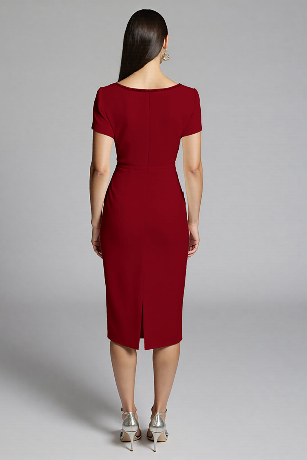 Beige Satin Bodycon Ruffled Midi Work Dress with Sleeves