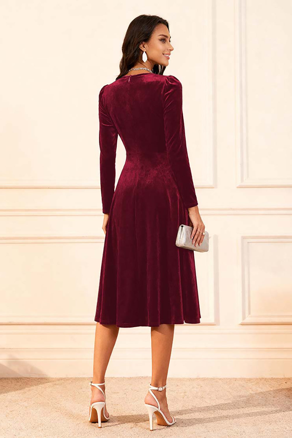 Burgundy A Line Velvet Midi Glitter Holiday Party Dress with Sleeves