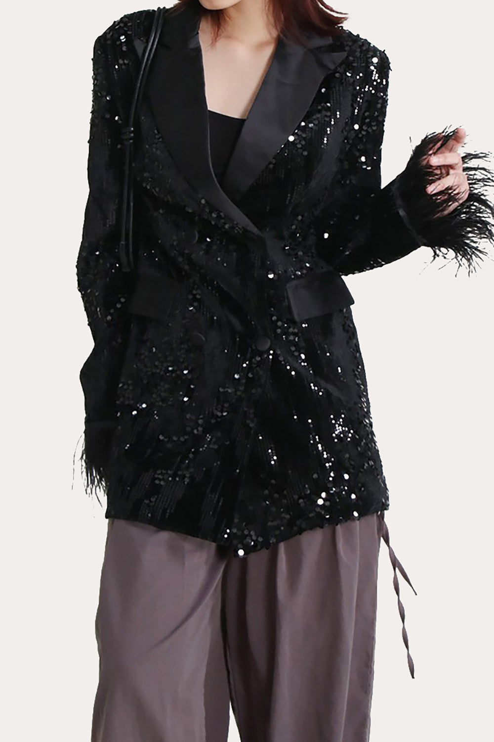 Glitter Black Sequins Women Prom Blazer with Feathers