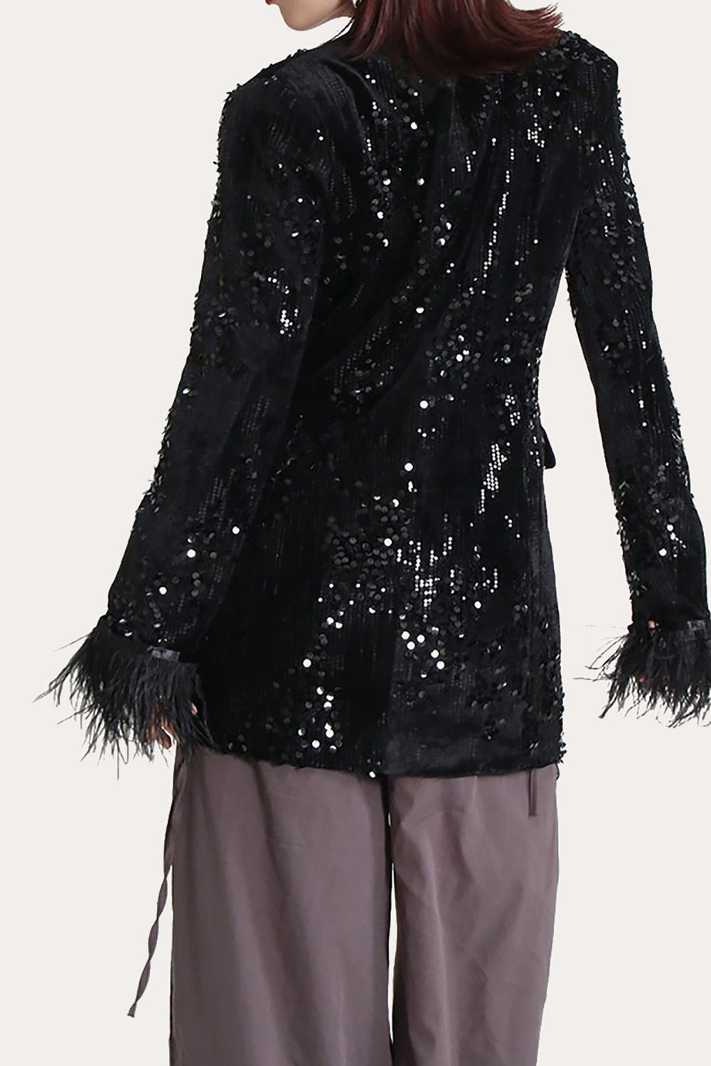 Glitter Black Sequins Women Prom Blazer with Feathers