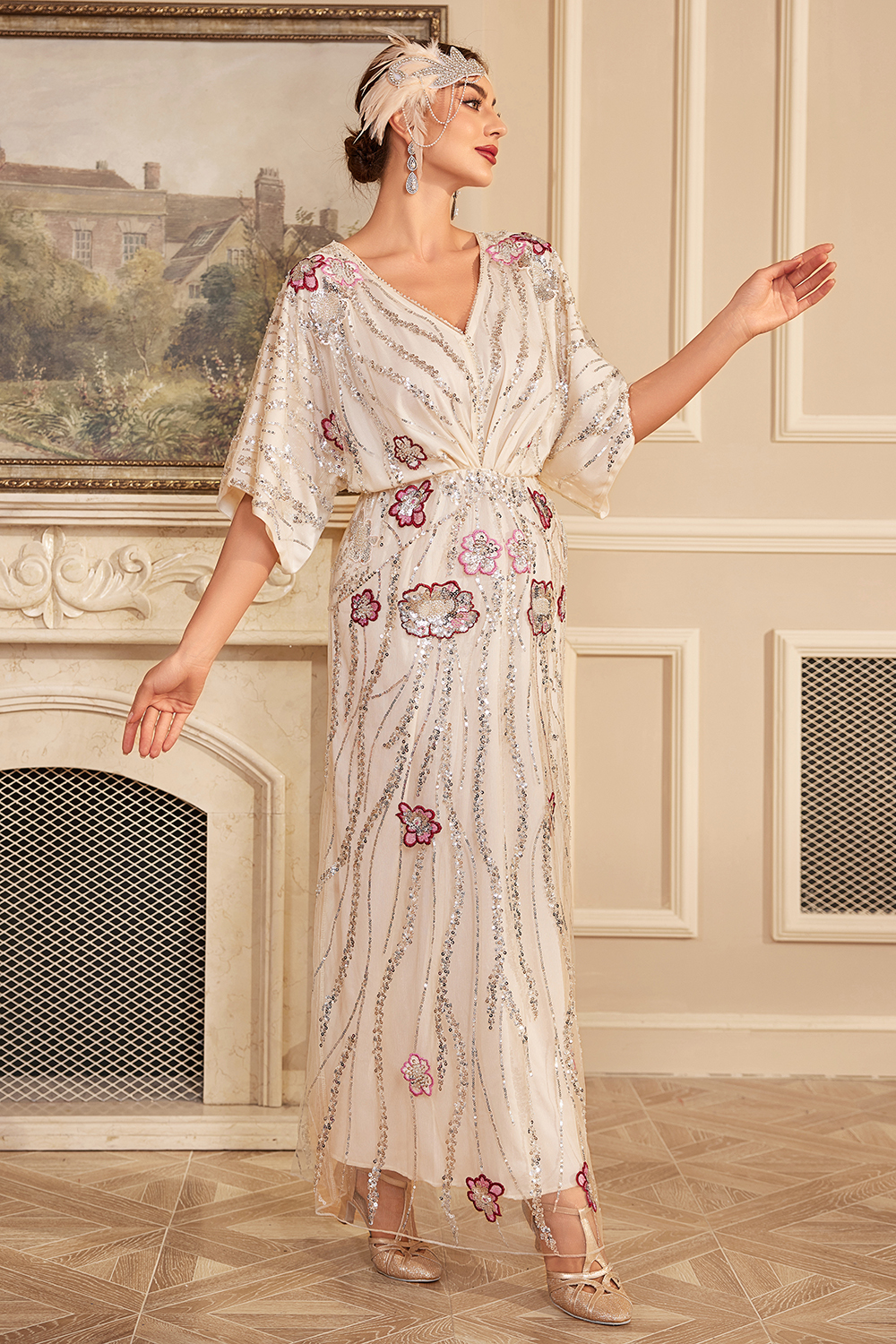 Glitter Batwing Sleeves Sequins Long 1920s Flapper Dress