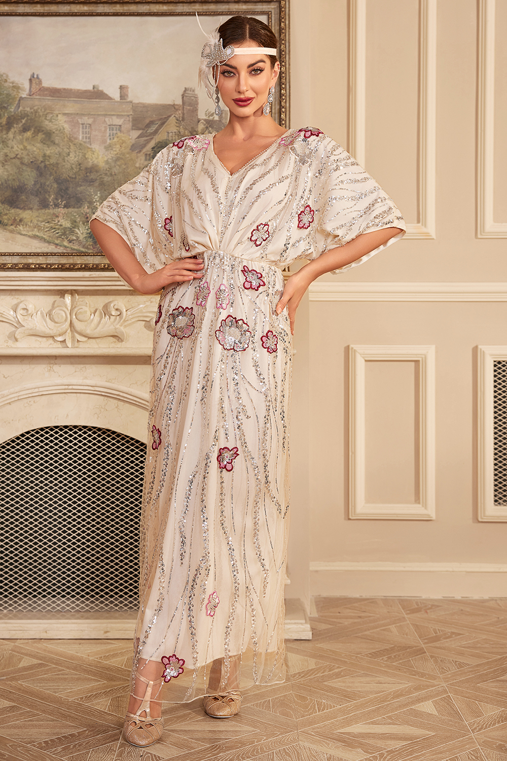 Glitter Batwing Sleeves Sequins Long 1920s Flapper Dress