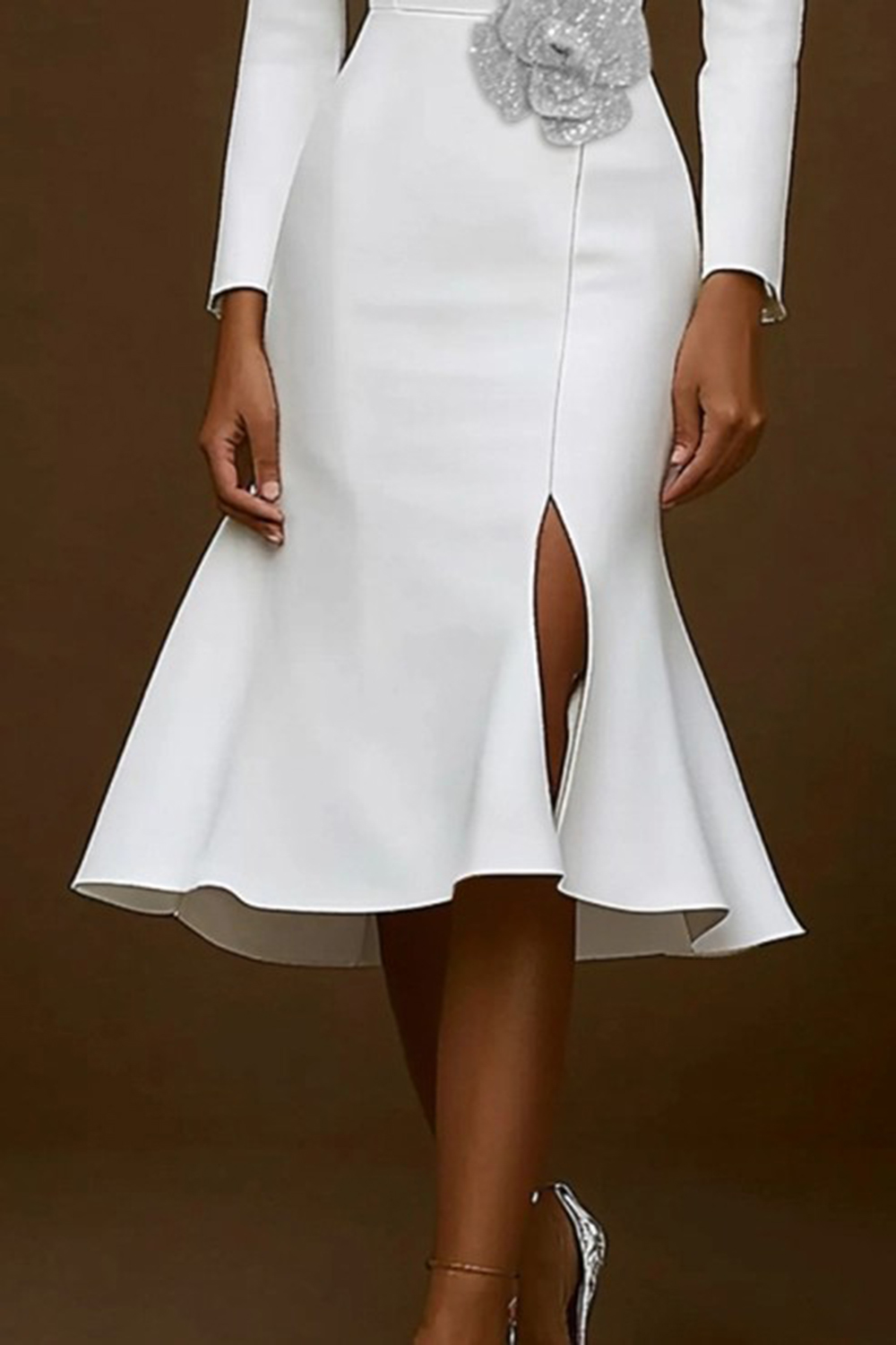 Sparkly White Pencil Notched Lapel Midi Blazer Dress with Ruffles