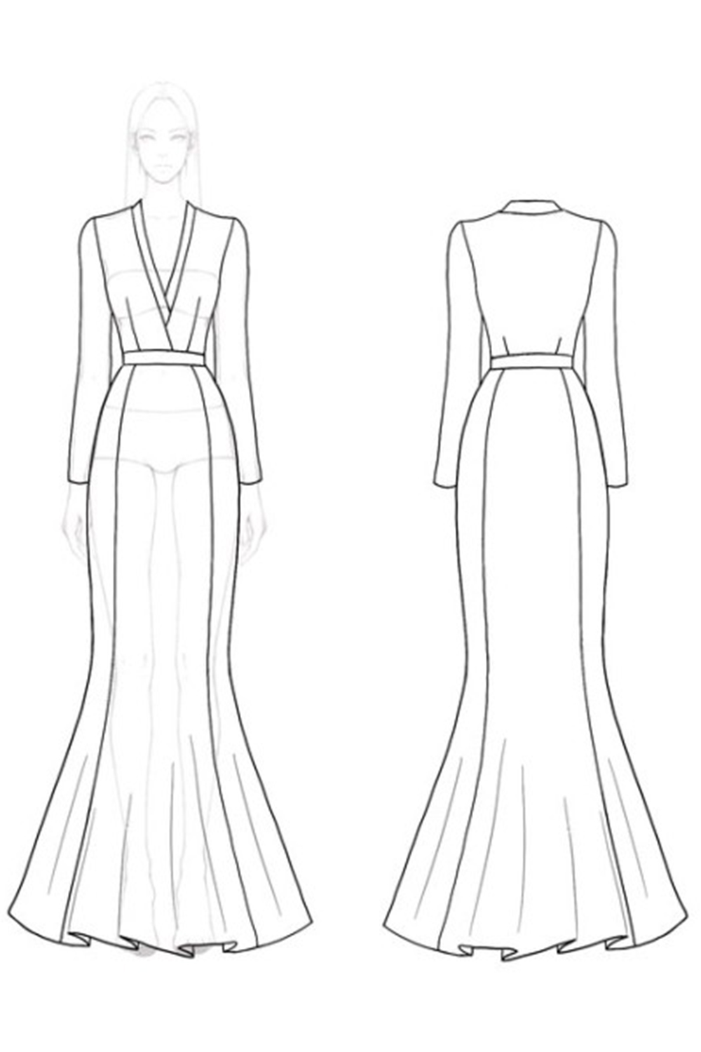 Black and White Mermaid V-Neck Long Sleeve Formal Dress