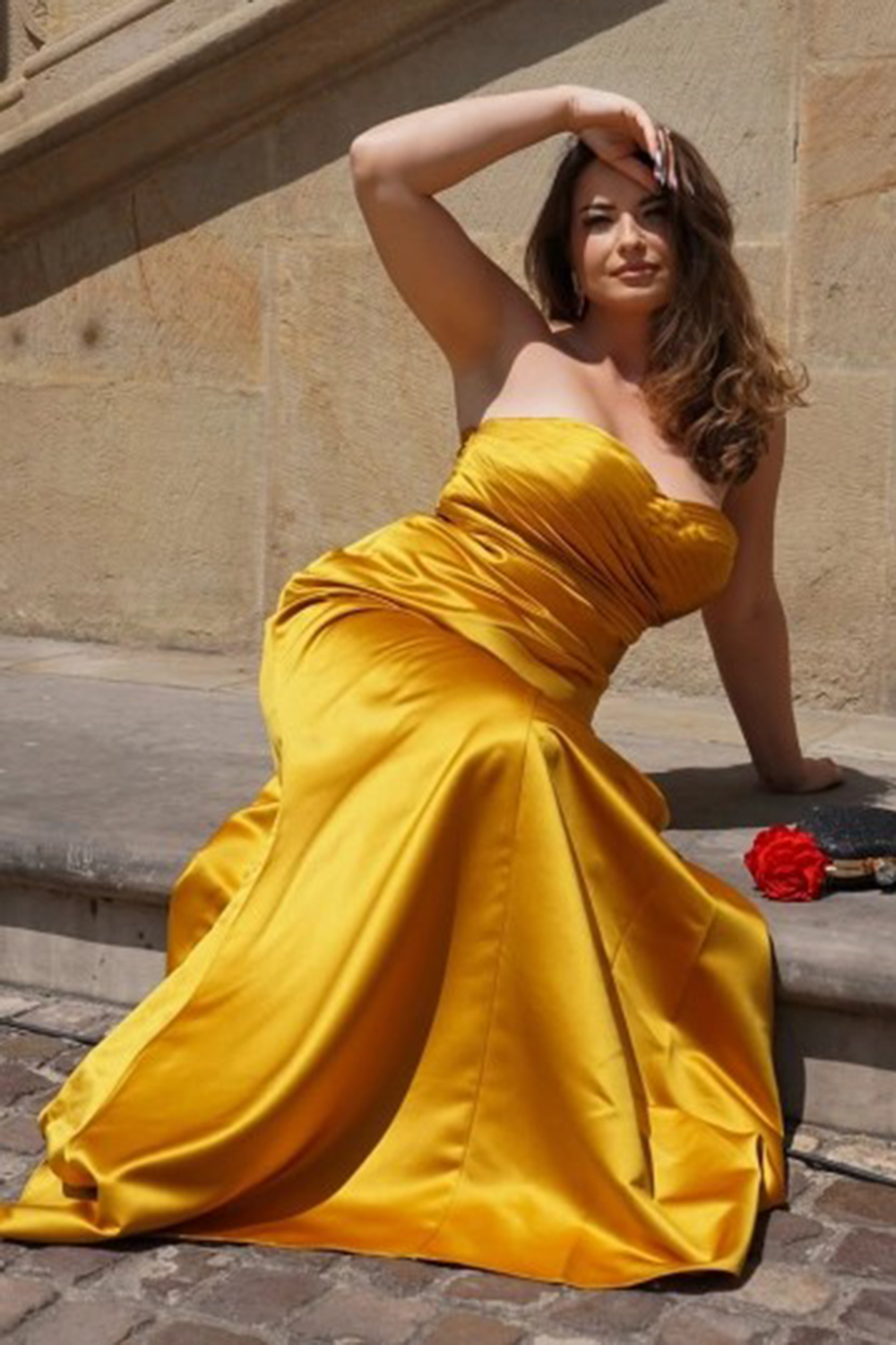 Yellow Satin  Mermaid Sweetheart Long Formal Dress with Ruffles