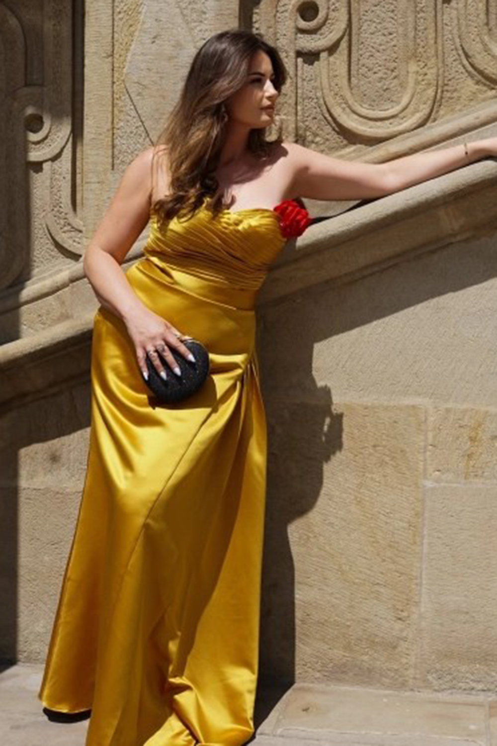 Yellow Satin  Mermaid Sweetheart Long Formal Dress with Ruffles