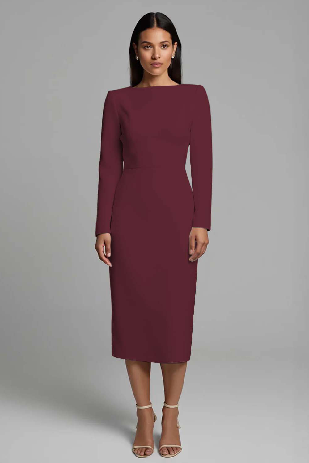 Simple Ivory Pencil Bateau Neck Long Sleeves Midi Work Dress with Slit