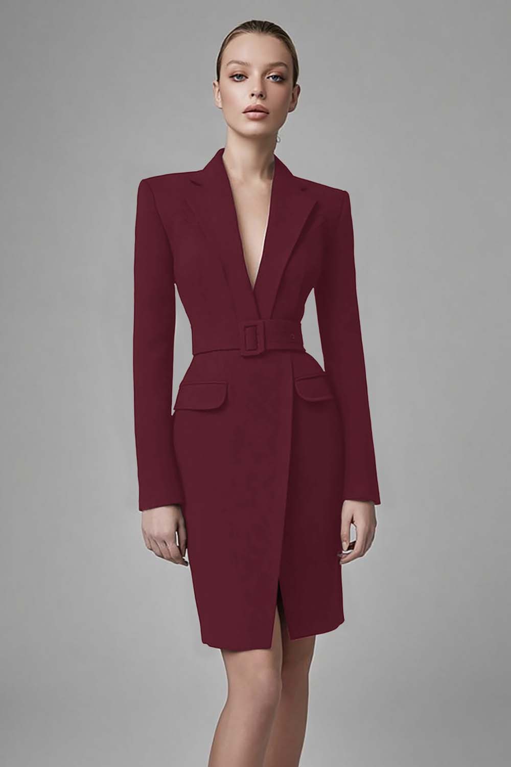 Simple Black Bodycon Long Sleeves Short Blazer Dress with Belts