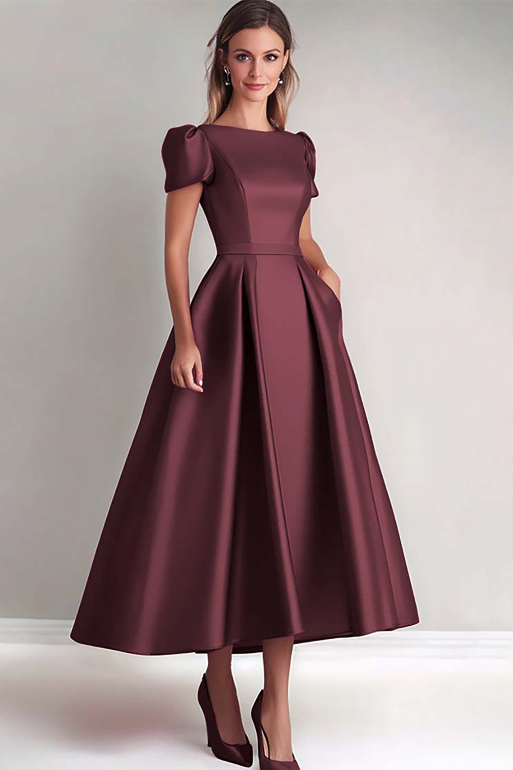 Fuchsia A Line Puff Sleeves Satin Tea Length Mother of the Bride Dress