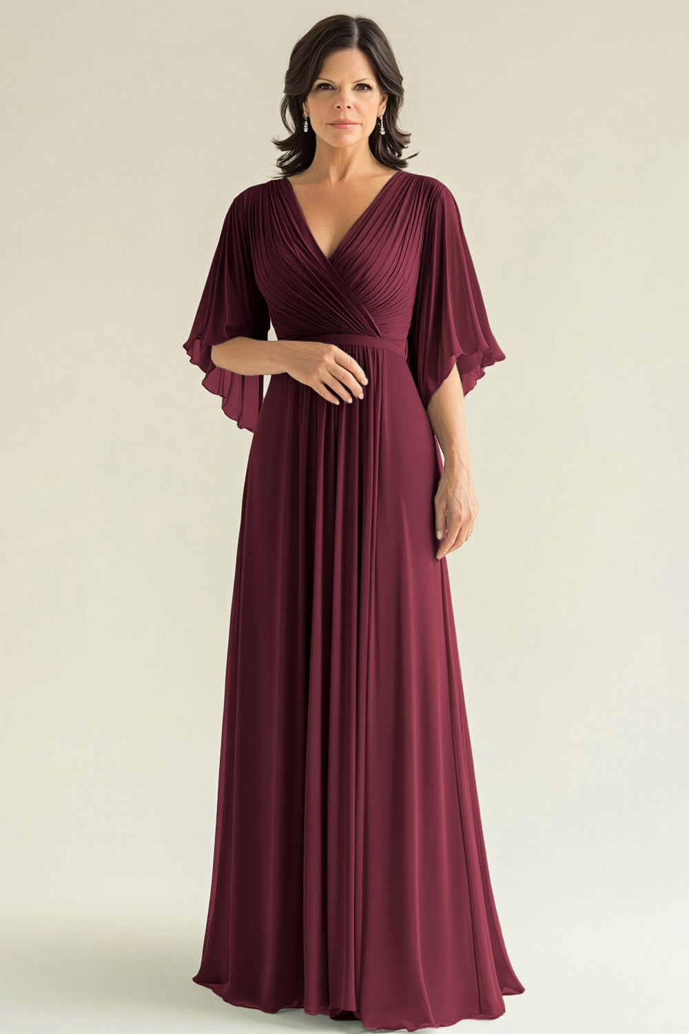Agave A Line V-Neck Pleated Long Chiffon Mother of the Bride Dress