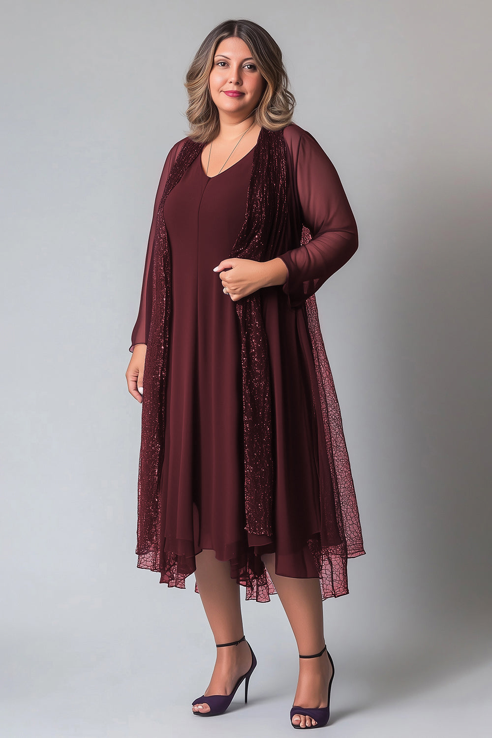 Plus Size Purple V-Neck Tea Length Jacket Mother of the Bride Dress