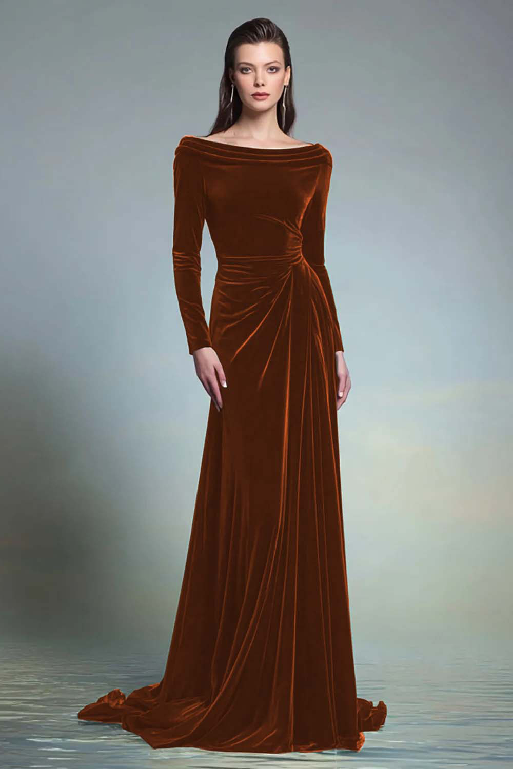 Dark Green Velvet Boat Neck Long Holiday Party Dress with Sleeves