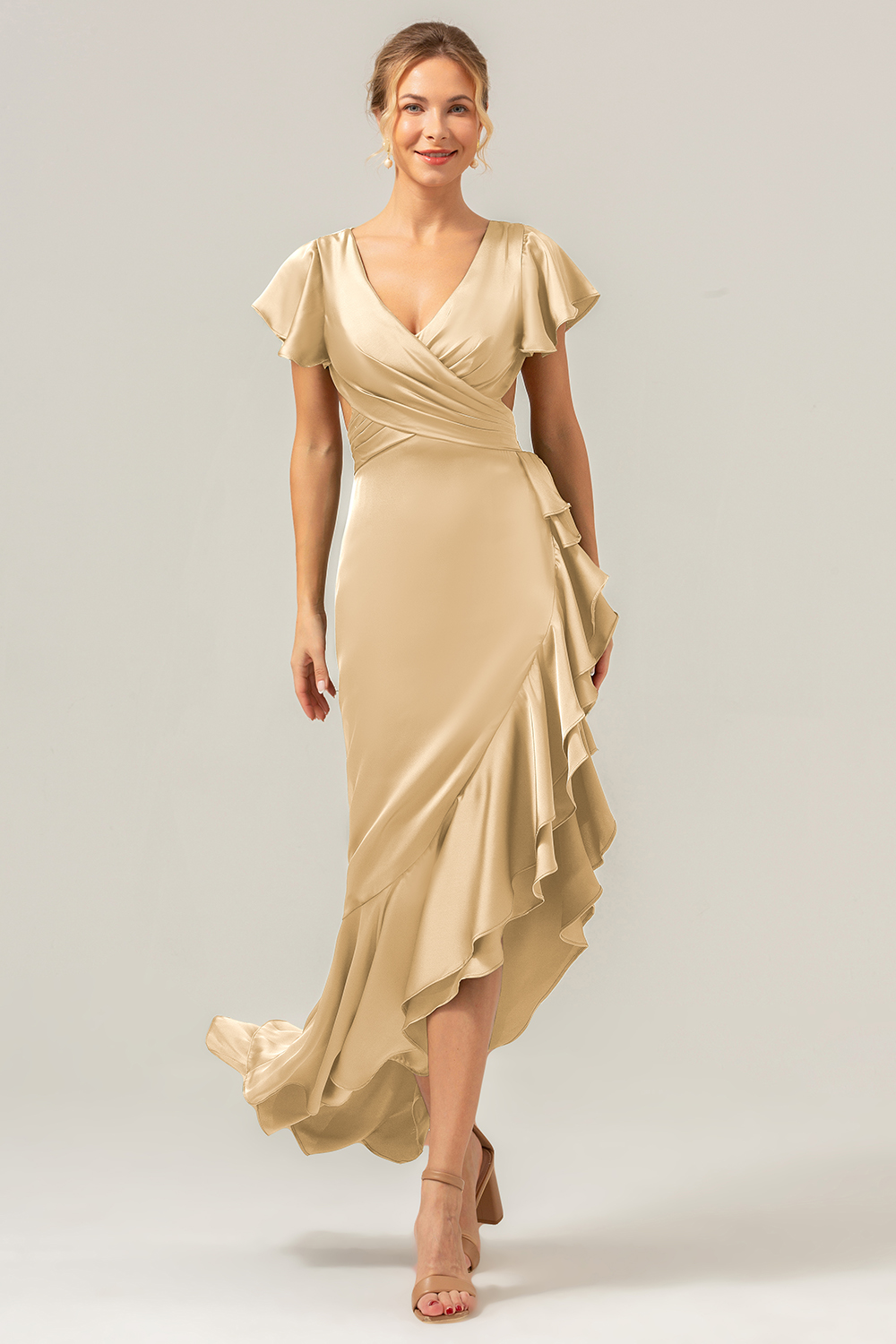 Elegant Asymmetrical Midi Formal Dress with Bow Back