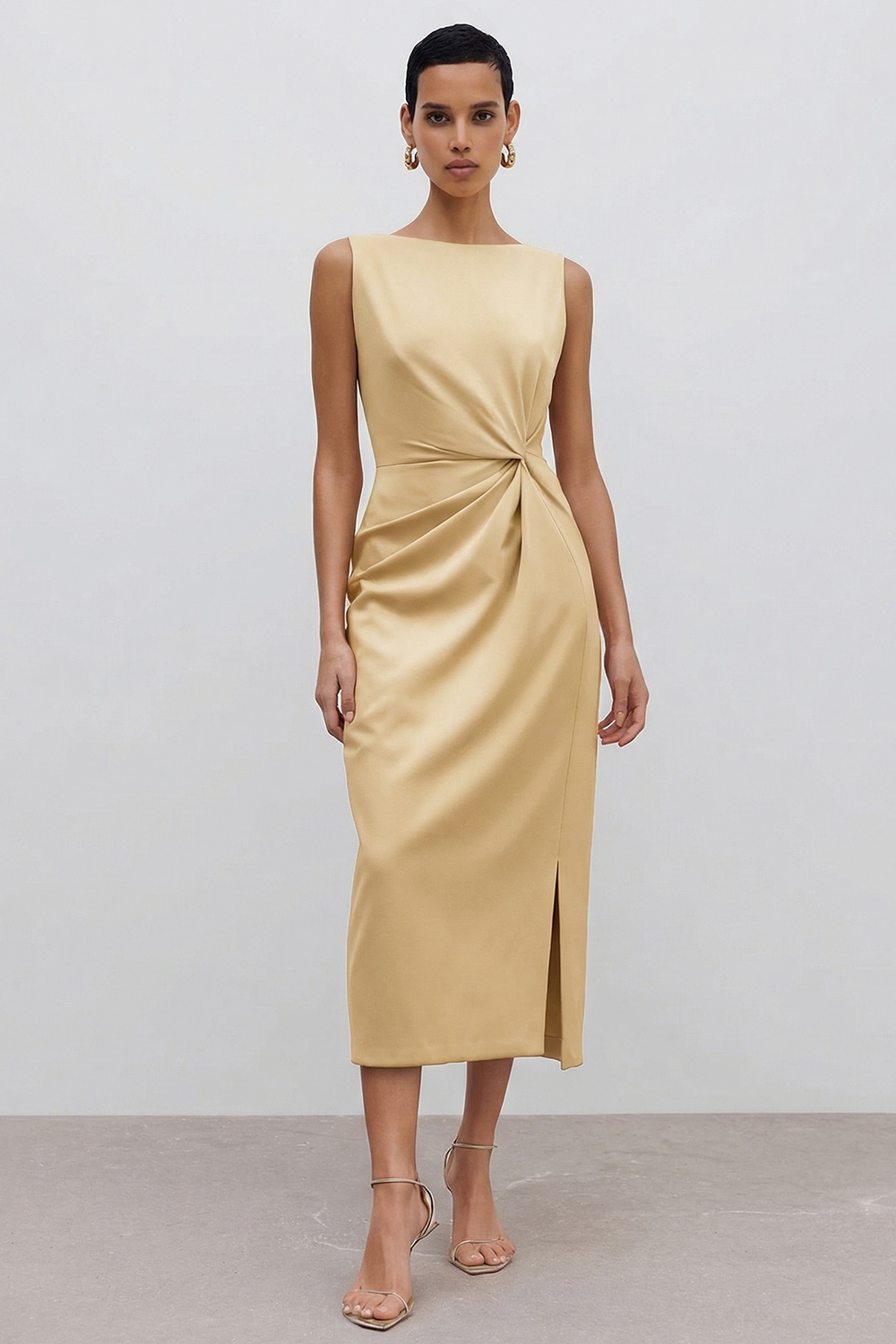 Orange Ruched Bateau Neck Midi Pencil Work Dress with Slit