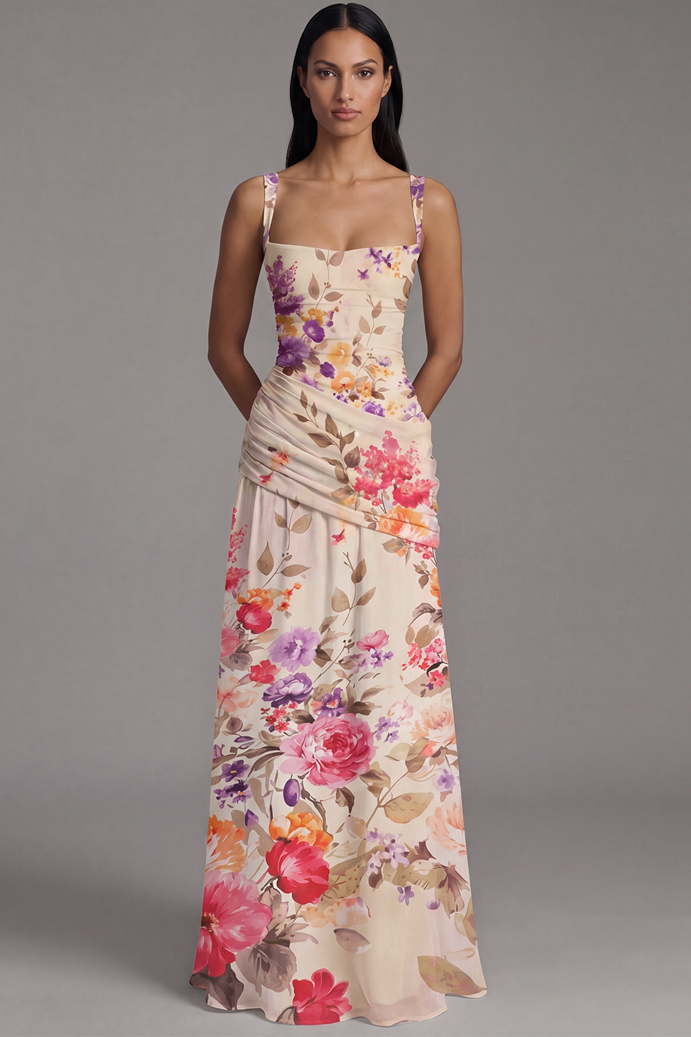 Ivory A Line Draped Floral Square Neck Long Wedding Guest Dress