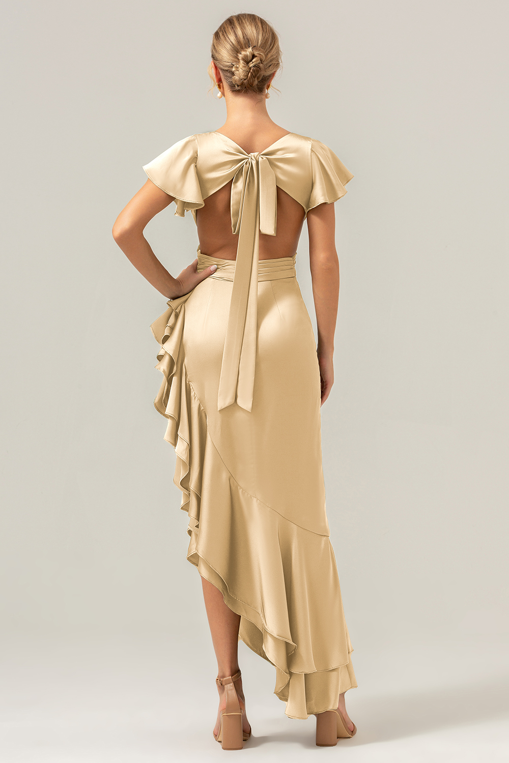 Elegant Asymmetrical Midi Formal Dress with Bow Back