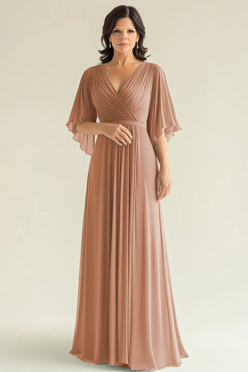 Agave A Line V-Neck Pleated Long Chiffon Mother of the Bride Dress