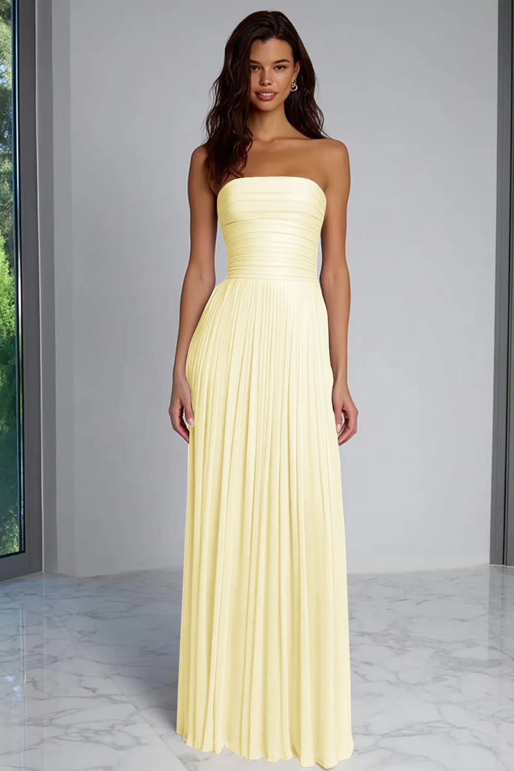 Champagne Sheath Strapless Pleated Long Wedding Guest Dress