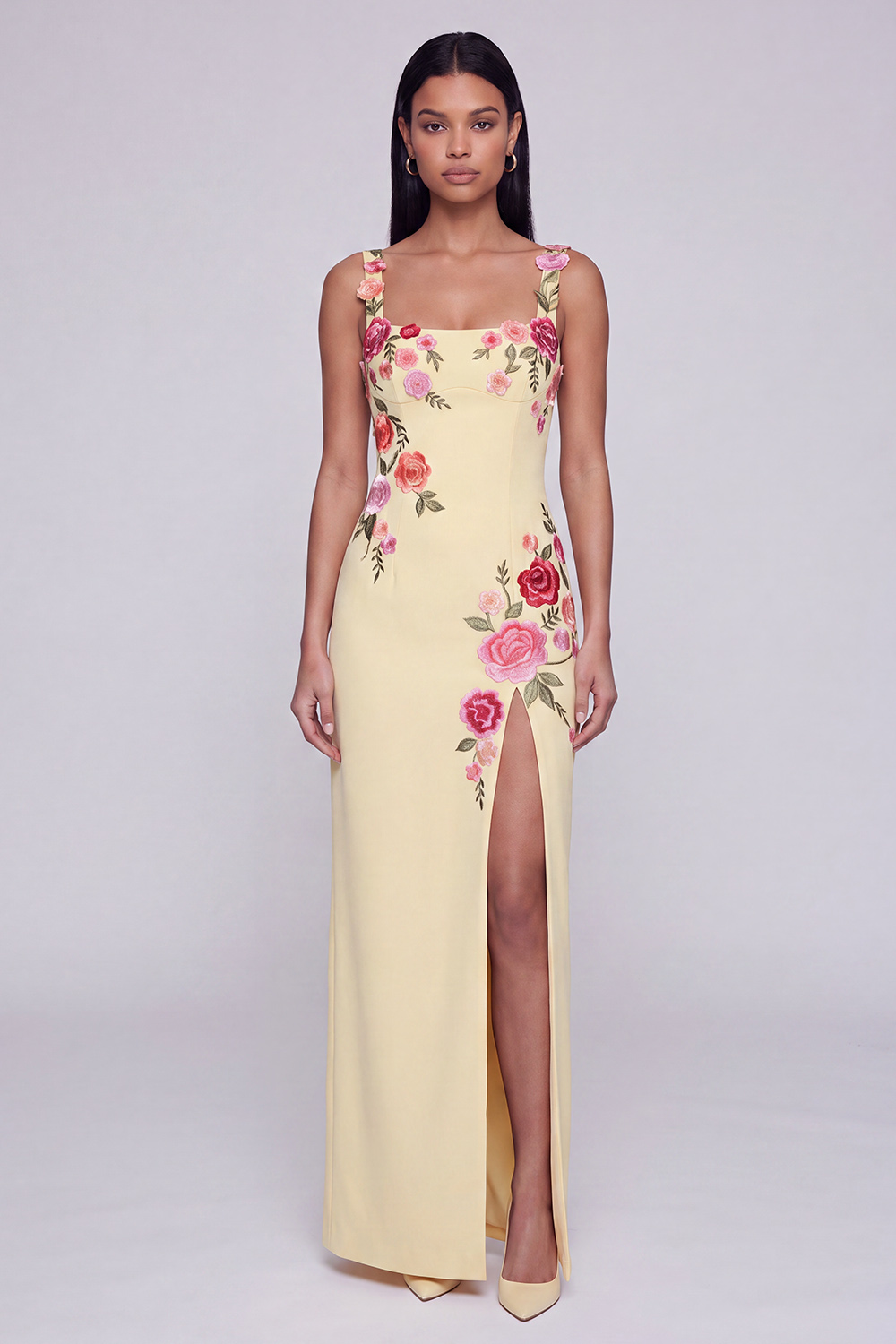 Sheath Black Square Neck Floral Maxi Beach Wedding Guest Dress with Slit
