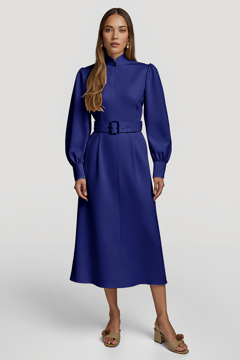 Grey Pink Pencil High Neck Midi Satin Work Dress with Belts