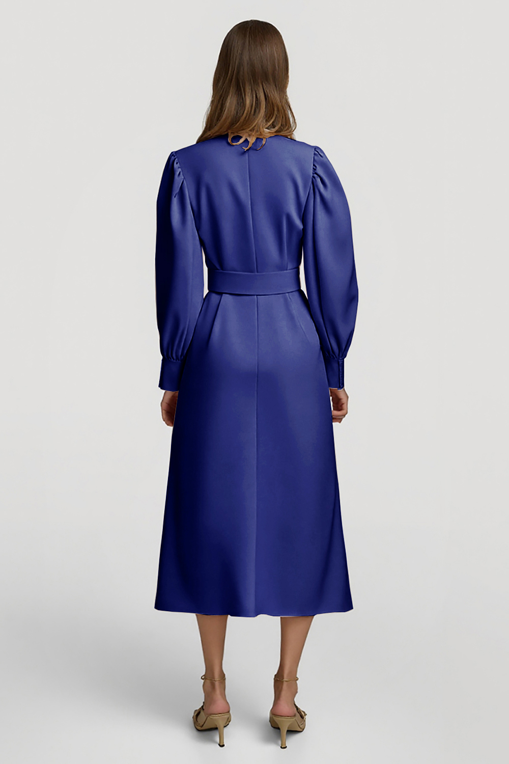 Grey Pink Pencil High Neck Midi Satin Work Dress with Belts