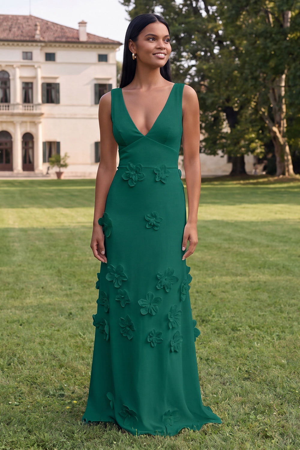 Burgundy Floral Sheath V-Neck Long Wedding Guest Dress