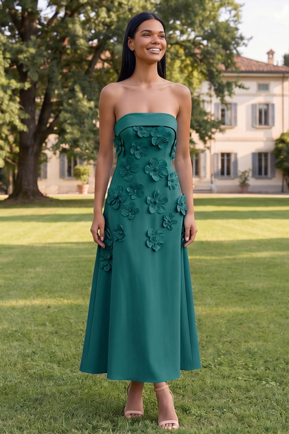 Blue Strapless A Line Maxi Wedding Guest Dress with 3D Flowers